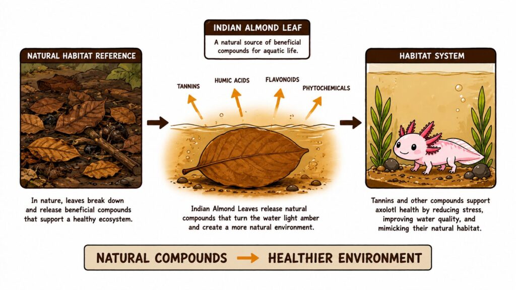 Indian almond leaves releasing tannins and organic compounds creating amber water environment for axolotls