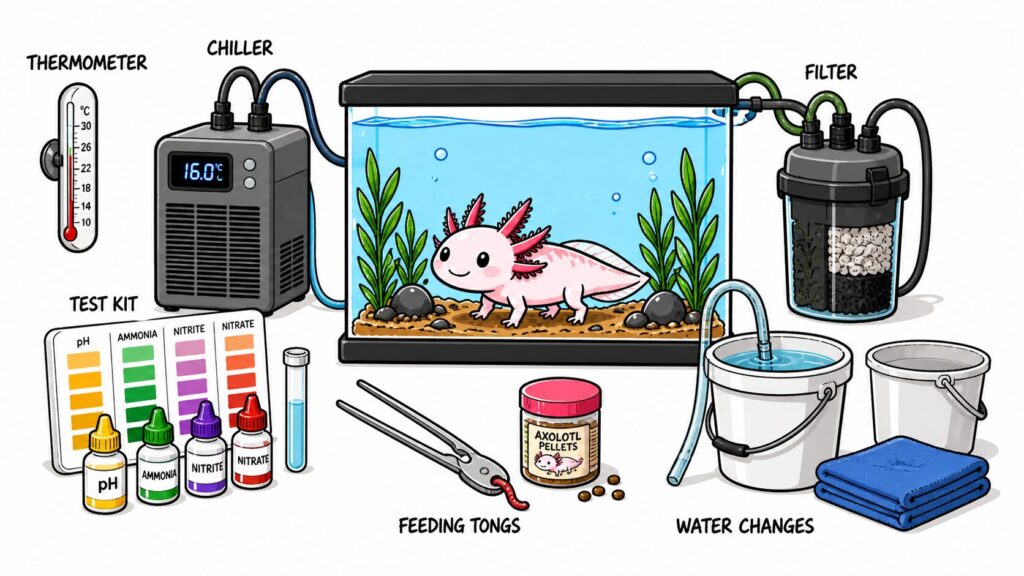 Complete axolotl care system showing temperature control filtration feeding and water testing for long lifespan