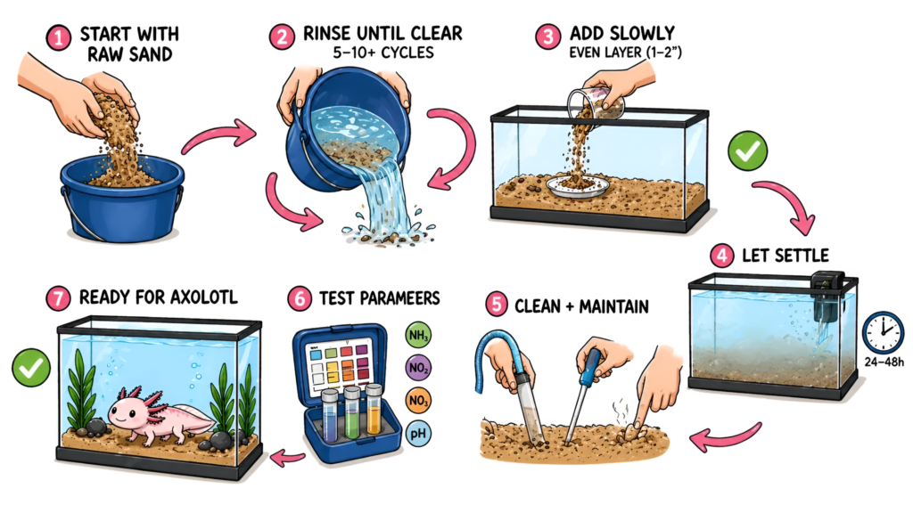 Preparing axolotl tank sand by rinsing thoroughly and adding evenly to substrate layer