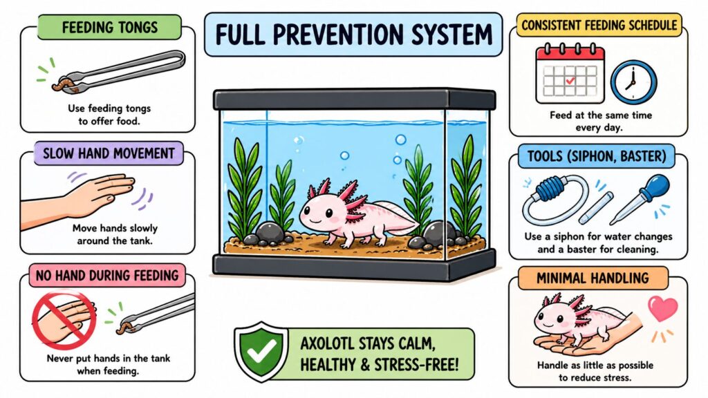 Preventing axolotl bites using feeding tongs slow movement and minimal handling