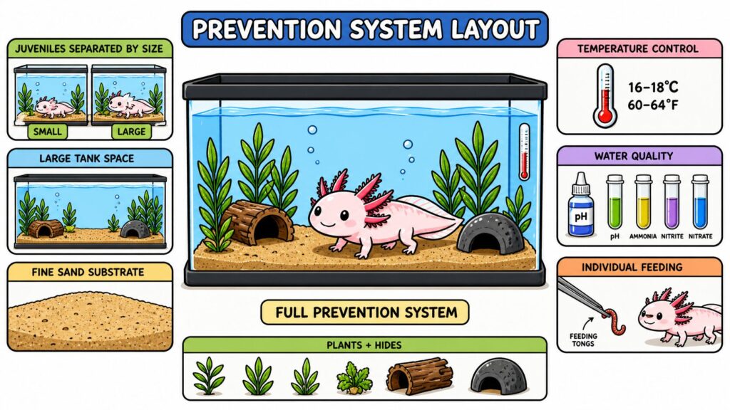 Preventing axolotl cannibalism using proper tank setup feeding space water quality and temperature control