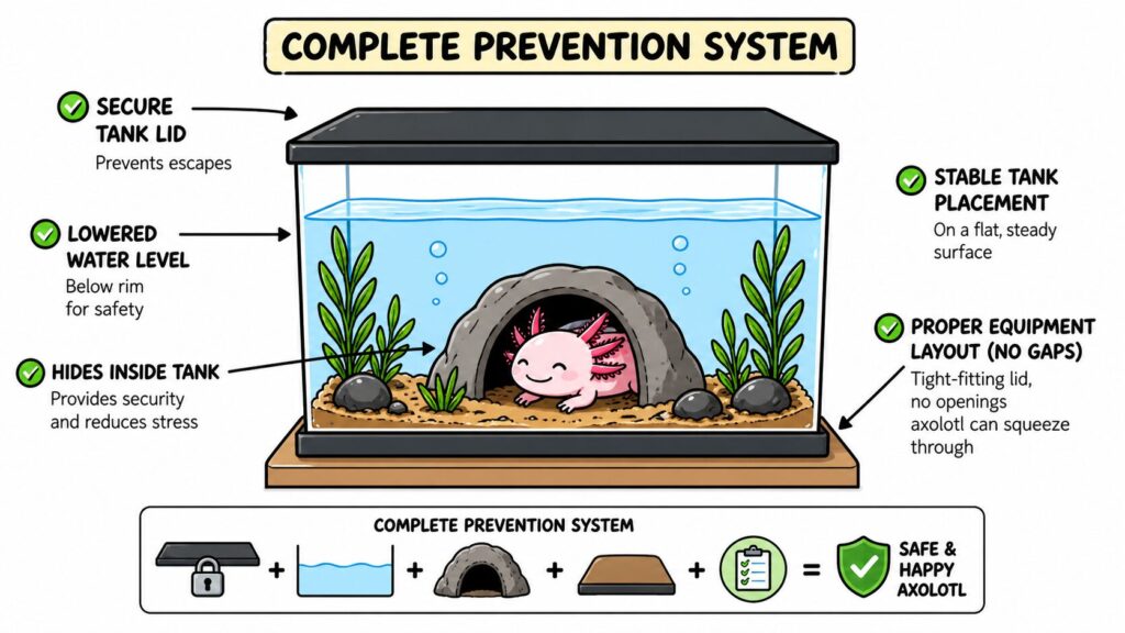 Preventing axolotl escape using secure lid proper water level and stable tank setup