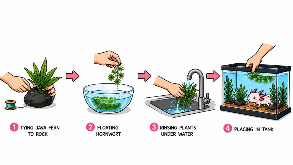 Setting up axolotl tank plants showing attaching floating rinsing and placing plants correctly
