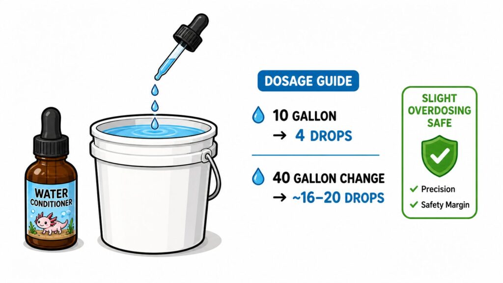 Water conditioner dosage showing drops per gallon for axolotl tank water changes